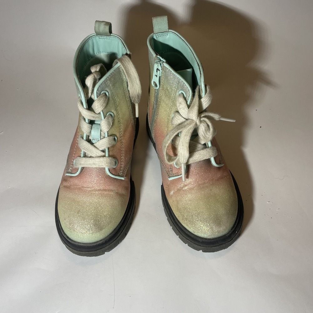 Cat & Jack Combat Ankle Boots Ombre Glitter Rainbow Lace Up Girls Size 12
